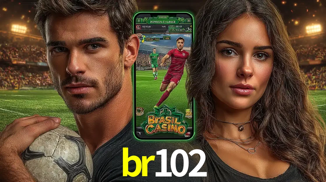 Homem segurando uma bola de futebol e uma mulher ao lado de um smartphone exibindo o jogo de apostas esportivas da br102. Faça seu palpite no cassino online.